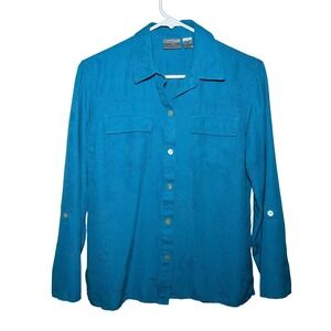 Chico's Teal Blue Jacquard Floral Button Roll Tab Sleeve Shirt Size S/4